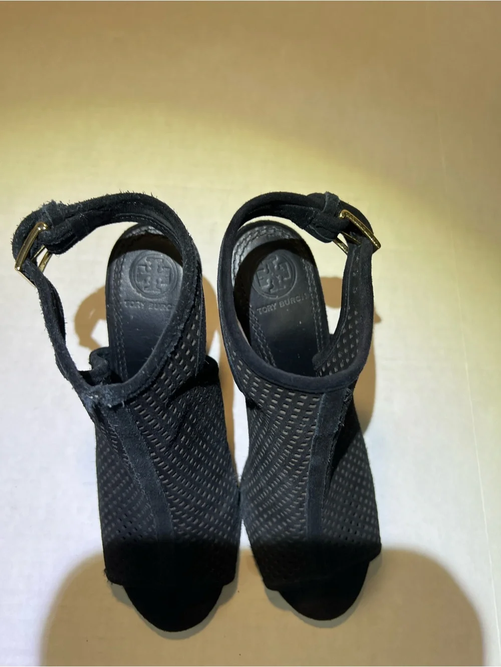 Tory Burch Black Perforated Suede Peep Toe Block Heel Sandals Size 8